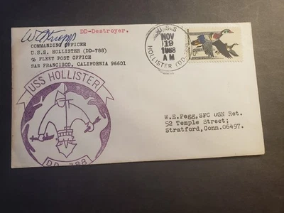 Destroyer USS HOLLISTER DD-788 Naval Cover 1968 SIGNED Cachet - Image 1 of 2