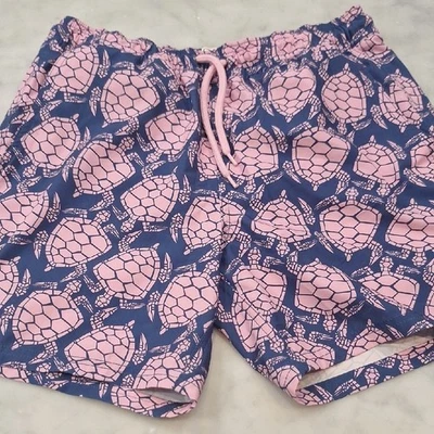 Roupa de banho J Crew flexível rosa azul estampa de tartaruga shorts baús praia férias bolsos - Imagem 1 de 4