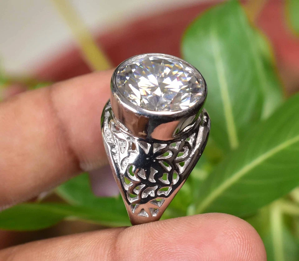 15.00 MM Round Huge Moissanite 925 Sterling Silver Men Carving Ring Certified - Image 1 of 4