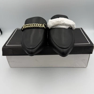 Nuevo con etiquetas Qupid Mules Mujer Talla 8 Punta Abierta Espalda Slides Negro Dorado Cadena Sin cordones Foto 1 de 4