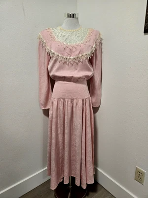 VESTIDO VICTORIANO BLUSA RIBETE ENCAJE ESTAMPADO FLORAL ROSA SCOTT MCCLINTOCK AÑOS 80 Foto 1 de 4