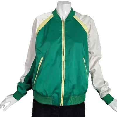 ZARA - KELLY GREEN YELLOW & WHITE SATIN BASEBALL BOMBER JACKET - SZ S - Image 1 of 4