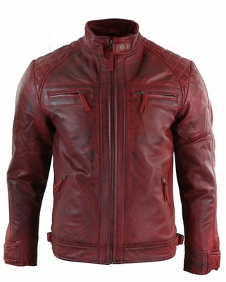 Herren Weinrot Distressed Biker Café Racer Vintage Motorrad Echtleder Jacke - Bild 1 von 4