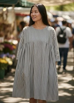 Vestido japonés holgado manga 3/4 Dolman algodón/lino a rayas! Talla S/M Foto 1 de 4