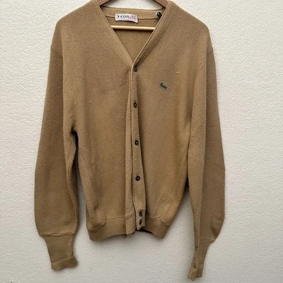 Cárdigan suéter vintage Izod Lacoste para hombre tostado talla L botón cuello en V acrílico Foto 1 de 4