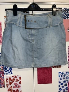 JANE NORMAN Y2K 90s Fixed Belt Buckle Light Blue Short Pencil Denim Skirt UK 10 - Picture 1 of 3