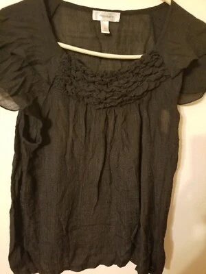 dressbarn mujer talla XL negro lino semi transparente como mezcla de poli manga gorra gathe Foto 1 de 4