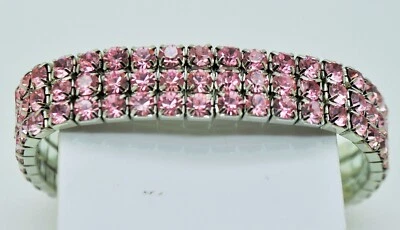 Pulseras 3 Filas Color Rosa Estrás Chapadas en Rodio Elásticas Joyería de Moda Foto 1 de 3