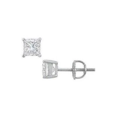1/4Ct Princess Natural Diamond Solitaire Stud Earrings 14K White Gold - Image 1 of 2