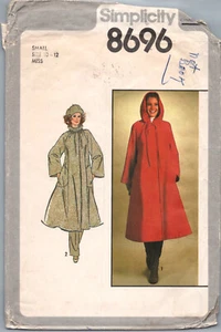 Vintage Simplicity 8696 1970s Coat Hooded or WO Hood Sewing Pattern Size 10 - 12 - Picture 1 of 2
