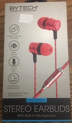 Bytech Universal Stereo Earbuds with Build-in Microphone, Red - Image 1 of 3