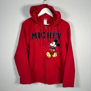 Disney Mickey Mouse Fleece Hoodie Womens L Red Vintage Full Zip Embroidered - Picture 1 of 12