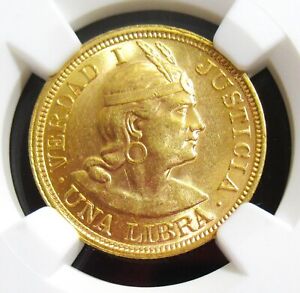 Peru: Republic gold Libra 1917 MS61 NGC, Lima mint, KM207, Fr-73.