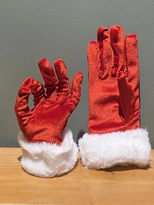 Red Fur Gloves - Red Velvet-like Gloves with White Furry Cuff Christmas Cosplay - Image 1 of 4
