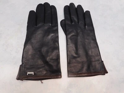 NINE WEST LADIES BLACK W/ BROWN LEATHER GLOVES POLYESTER LINING SIZE MEDIUM - Image 1 of 4