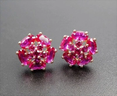 Rose Gold Plated Sparkling Hot Pink Fuchsia CZ 10mm Cute Flower Stud Earrings - Image 1 of 4
