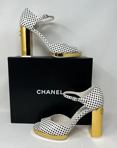 CHANEL White Black Polka Dot Peep Toe Heel Sandals Current Season 24P Size 41 11 - Picture 1 of 9