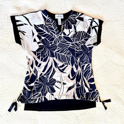 Blusa Joseph Ribkoff Beige y Negro Floral Dobladillo Talla 4 | Estilo 221234 Foto 1 de 4