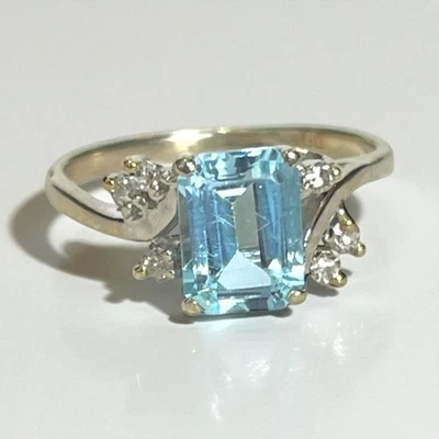 Anillo de topacio y diamantes talla 6,5 de colección plomada de oro blanco de 14 k corte esmeralda natural Foto 1 de 4