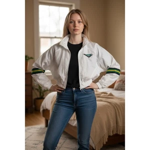 Retro Look PONY Forever 21 White Cropped Windbreaker Jacke - gefüttert L/S - Gr. L - Bild 1 von 8