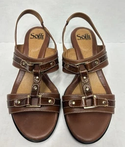Sofft Brown Leather Slingback Ankle Strap Wedge Peep Toe Sandal Shoe 7.5W Wide - Picture 1 of 7