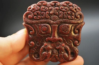 Уникальный китайский красный старый нефритовый амулет ручной работы с лицом зверя подвеска P83 - Изображение 1 из 4