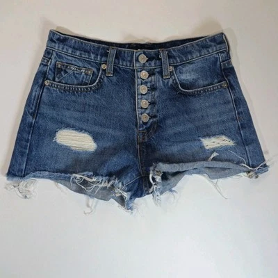 Shorts jeans feminino 7 For All Mankind 25 Monroe corte cintura alta desgastado  - Imagem 1 de 4