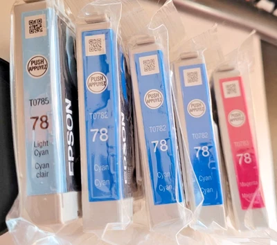 5 Genuine Epson 78 Ink Cartridges NEW SEALED (3) Cyan (1) Light Cyan (1) Magenta - Image 1 of 2