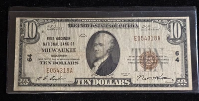 1929 $10 Type I First Wisconsin National Bank of Milwaukee, WI Ch #64 - Image 1 of 2