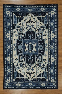 New Blue Ivory Oushak Flat Cut Wool Area Rug Hand-Woven Geometric Accent - Image 1 of 4