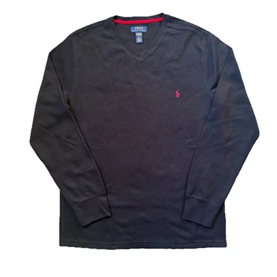 Polo Ralph Lauren 男式华夫格针织长袖大号黑色 V 领 — 第 1/4 张图片