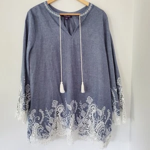 ROAMAN'S Plus Sz 22W Chambray Stonewash Tassel Tunic Top White Lace Boho Coastal - Picture 1 of 14