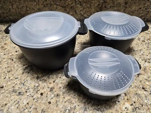 3- Pampered Chef Micro Cooker Microwave Steamer 4,8 Cup Clear Straining Lid Set  - Picture 1 of 7