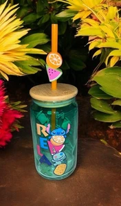 Disney Lilo & Stitch Scrump Glass Tumbler Cup Summer Relax 16oz Bamboo Lid - Picture 1 of 6