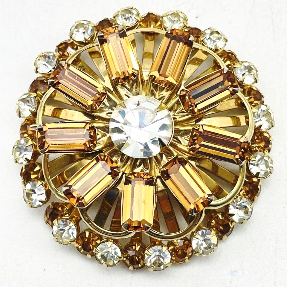 Broche Vintage Coñac Estrás Redondo Capas Tono Dorado Prendedor Foto 1 de 4