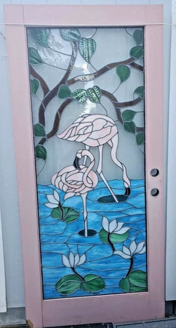MID-CENTURY STAINED GLASS FLAMINGO ENTRY DOOR W/SIDELIGHT SALVAGE CUSTOM UNIQUE Cover