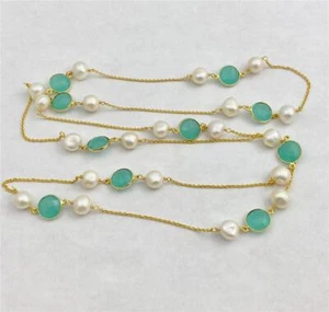 Aqua Chalcedony & Cultured Pearls Station Gold Plated Fine Chain Necklace 38" L. - Picture 1 of 3