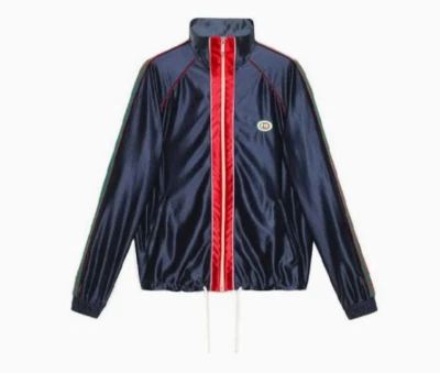 Sz XS - Men's Gucci Shiny Jersey Jacket With Web Blue - Image 1 of 4