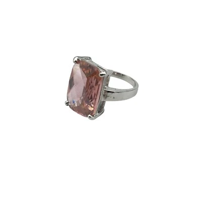 Anillo Rosa Talla 8 Facetado Rosa Vidrio Piedra Tono Plata Disfraz Cóctel Anillo Foto 1 de 4
