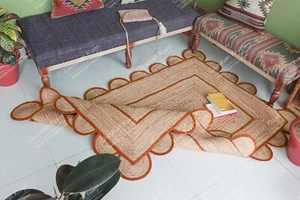 Beige Rug With Orange Bordered Rug Indian Handwoven Area Jute Rug Carpet - Picture 1 of 5