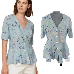Vintage Peplum Shirt Blouse Baukjen Blue Floral Crepe Kaia Romantic BNWT UK 10 - Picture 1 of 13