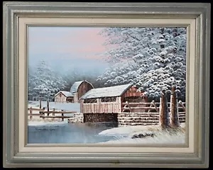 K Michaelson Oil On Canvas Covered Bridge And Barn In A Majestic Winter Scene - Picture 1 of 11