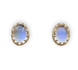 14k Yellow Gold Pair of Oval Genuine Natural Moonstone Stud Earrings (#J6708) - Picture 1 of 8