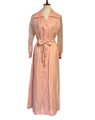 Maxi Vestido De Colección Años 70 Alfred Shaheen Rosa Claro Botón Cinturón Original Talla 14 Foto 1 de 4