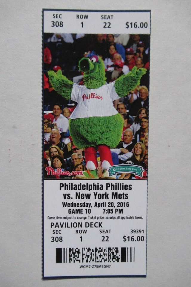 Boleto completo Philadelphia Phillies vs Mets 20/04/2016 ~ CÉSPEDES/DUDA/GALVIS HRs Foto 1 de 1