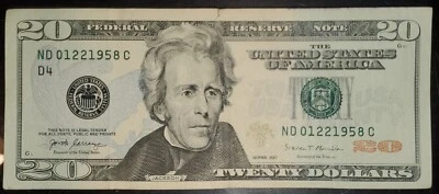 January 22, 1958 $20 Bill Serial No: 01221958C Birthday Fancy Note 01/22/58 - Image 1 of 2