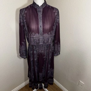 Vintage 70s Long Sleeve Dress Pleated Sheer Brown Border Print S/M “Lady Carol” - Picture 1 of 5