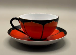 Vintage JAPAN Teetasse & Untertasse orange/schwarz mit Goldrand einzigartiges Design - Bild 1 von 10