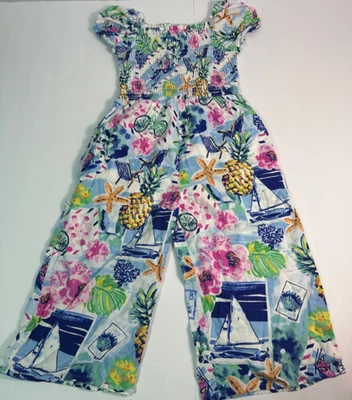 Gymboree Girls 4T Linen Jumpsuit Tropical Floral Pineapple Sailboat Print EUC - Image 1 of 4