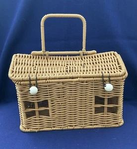 Country House Gift Basket Faux Wicker Look brown Lid Opens 9x6x5 handle windows - Picture 1 of 8